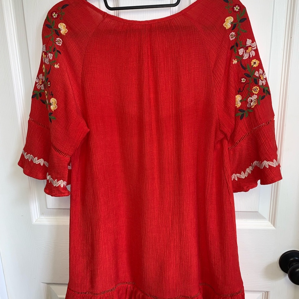 Blu Pepper Embroidered Blouse.  Orange with flowers. Bell 3/4 sleeves. Ladies M